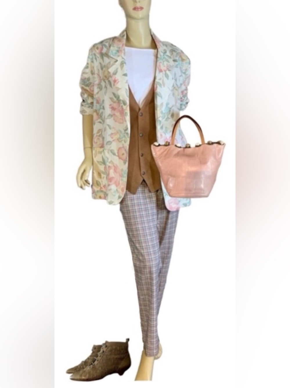JESSICA SCOTT VINTAGE 1990'S BEIGE, PINK AND BLUE FLORAL PRINT BLAZER (M)